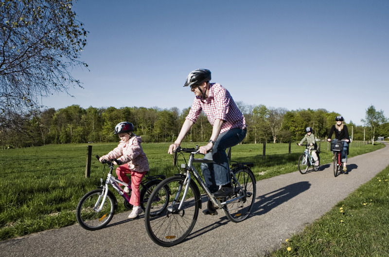 En familie med forældre og børn cykler sammen på en cykelsti ude i naturen.