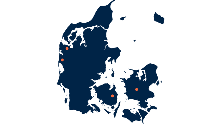 Danmarkskort med markering af de fire projekter